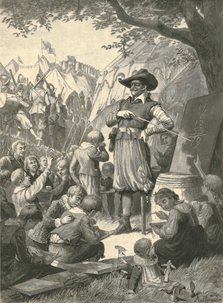 Historischer Kupferstich von A. Rößler: Ein bärtiger Landsknecht im Federhut erteilt unter freiem Himmel Unterricht vor einer Tafel mit Rechenaufgabe; ringsum sitzen lernende Kinder, im Hintergrund ein Feldlager mit Zelten und bewaffneten Soldaten.