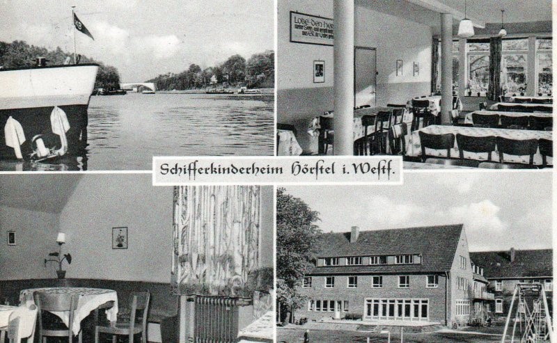 Mehrbild-Postkarte des Schifferkinderheims Hörstel (Westf.): oben links ein Binnenschiff auf dem Kanal, rechts der Speisesaal, unten links ein Schlafraum, unten rechts die Außenansicht des roten Klinkerbaus.
